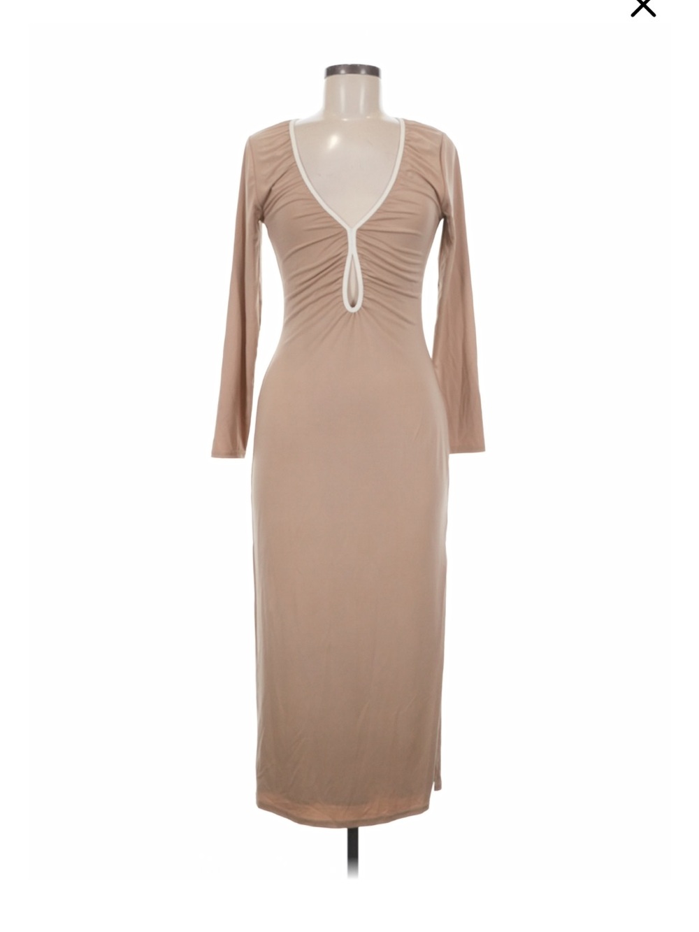 Abercrombie & Fitch Taupe Long-Sleeve V-Neck Midi Dress with Contrast Trim